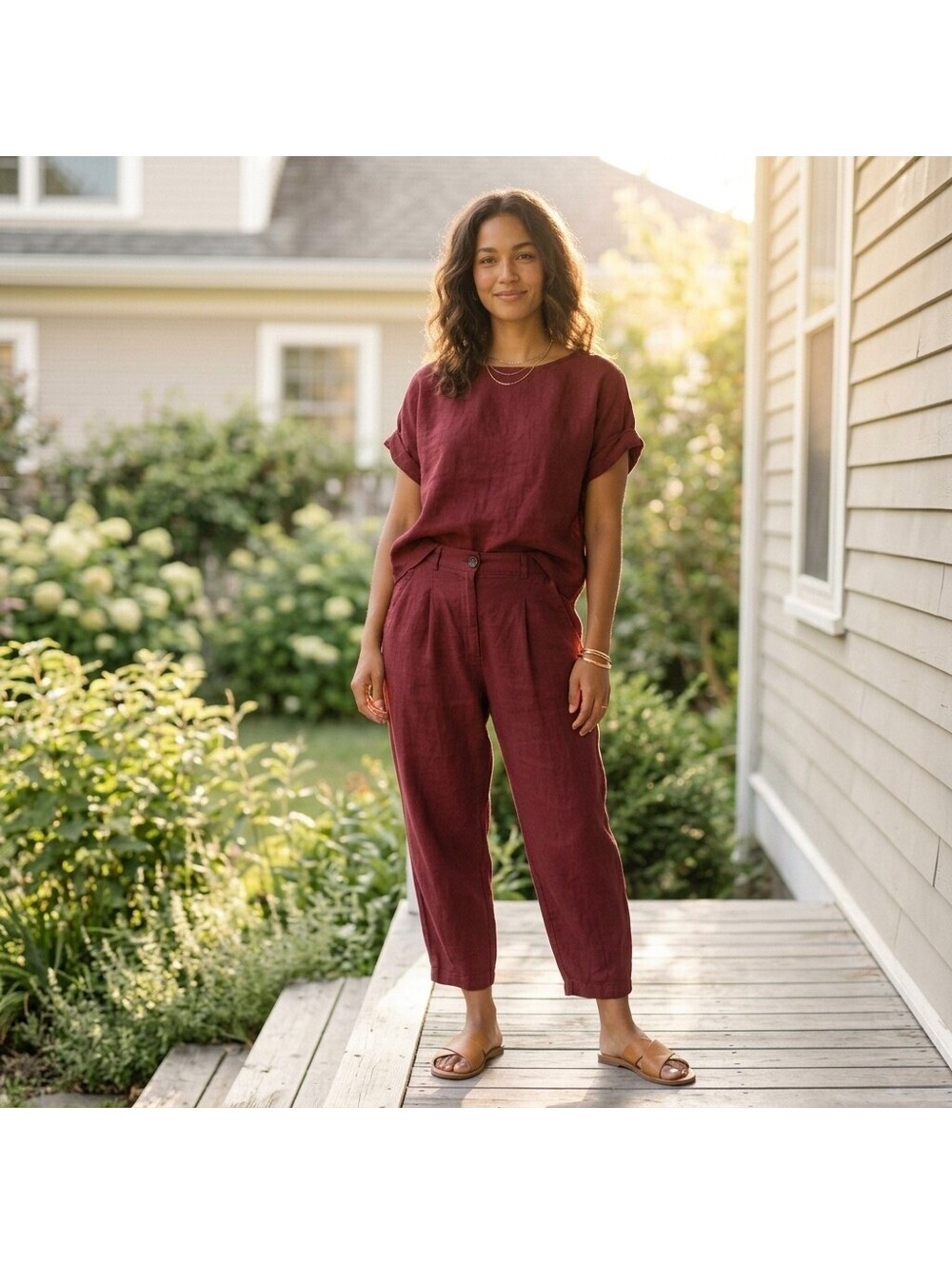 OFFON 100% Linen 2-Piece Set Wine Red Barrel Leg Pants Boxy Top Size Lagenlook